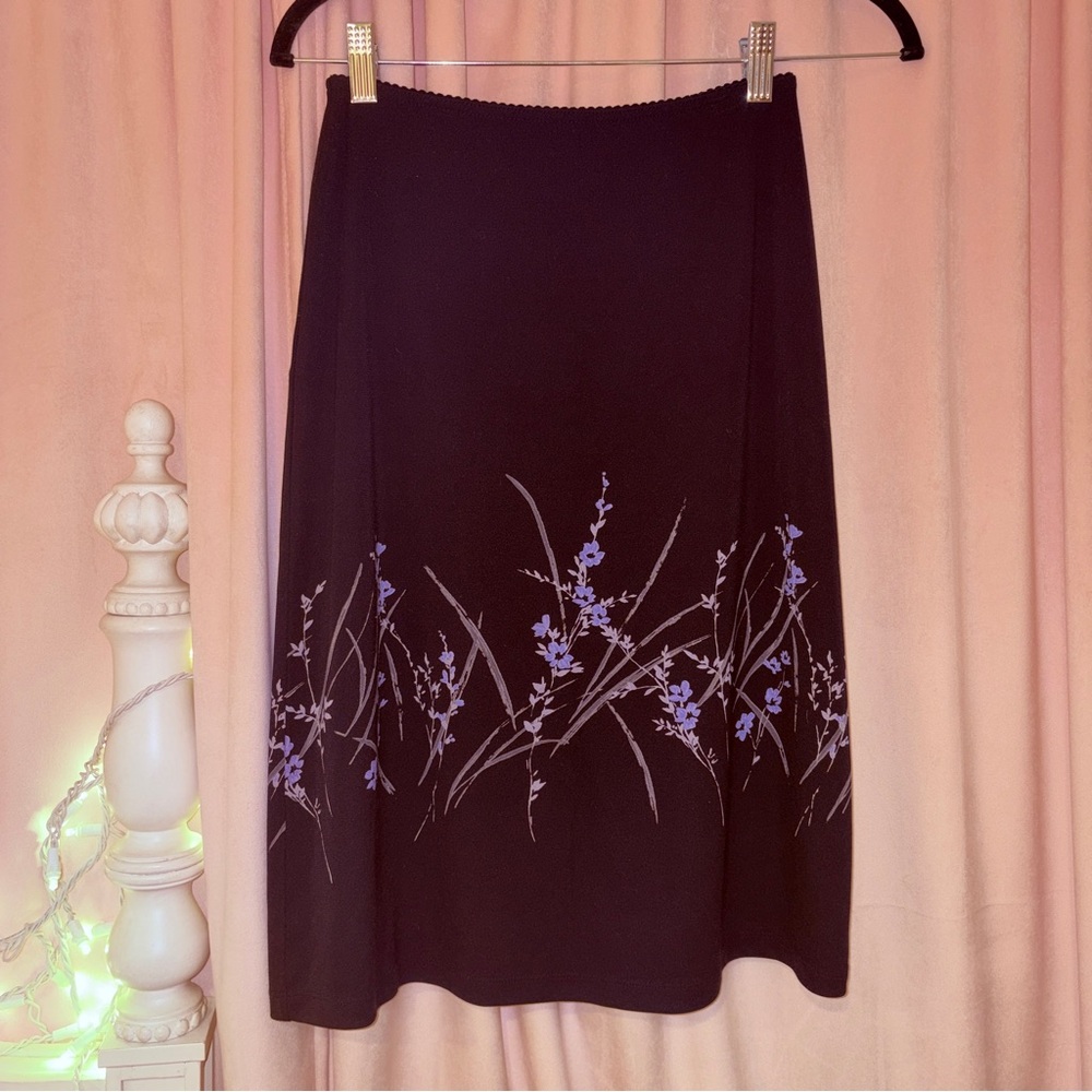 Black Midi Skirt with Lavender Floral Print